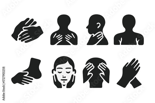 Body Parts Icon Set. Solid, filled icon set of soothing touch body parts: hands, back, neck, shoulders, feet, face, scalp, wrists. Solid, filled icons in only