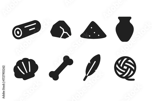 Natural Material Icons. Solid, filled icon set of natural materials: wood log, stone, sand pile, clay pot, shell, bone, feather, wool ball. [Line icons in only
