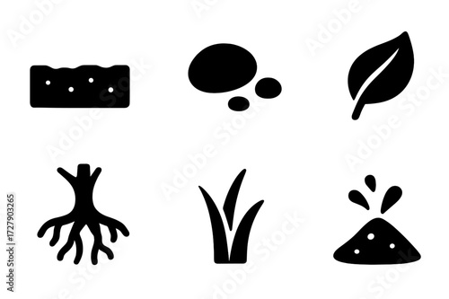Natural Elements Icons. Solid, filled icon set of natural barefoot: earth ground, pebble, mud, leaf, tree root, grass blade, water splash, sand grain. [Line