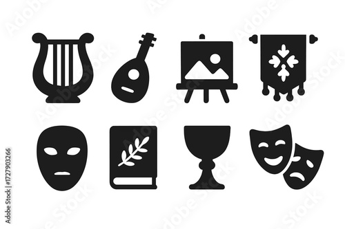 Noble Arts Icons. Solid, filled icon set of noble arts and culture: harp, lute, painting, tapestry, mask, poetry book, chalice, theater mask. Solid, filled
