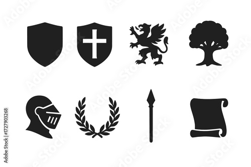 Family Crest Icons. Solid, filled icon set of family crests: shield, cross, griffin, oak tree, knight?s helmet, laurel wreath, spear, scroll. Solid, filled