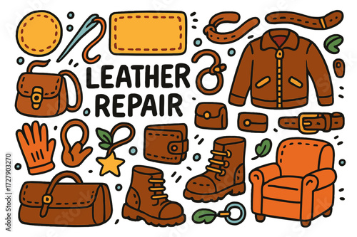Leather Repair Doodles. Leather repair. Colorful Hand-drawn doodle Children illustration Patch, stitching, needle, thread, leather jacket, boots, bag, belt,