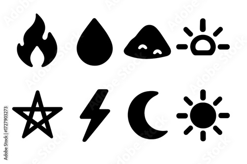 Elemental Icon Grid. Solid, filled icon set of ritual elements: fire, water, earth, air, spirit, lightning, moonlight, sunlight. Solid, filled icons in only