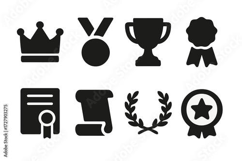 Award Symbols Collection. Solid, filled icon set of title symbols: crown, medal, trophy, ribbon, certificate, scroll, laurel wreath, star badge. Solid, filled