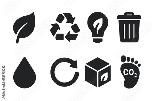 Eco Icon Grid. Solid, filled icon set of can environmental impact and sustainability: eco leaf, recycling symbol, green energy, waste reduction,