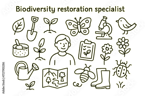 Biodiversity Restoration Doodles. Hand-drawn doodle illustration [Biodiversity restoration specialist] [leaf, shovel, tree sapling, microscope, butterfly,