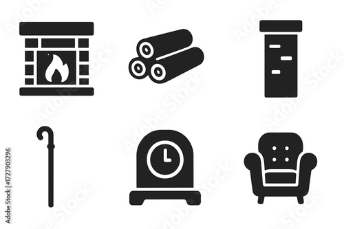 Hearth and Home Icons. Solid, filled icon set of hearth and home elements: fireplace, firewood stack, chimney, hearthstone, fire poker, mantel clock, armchair,