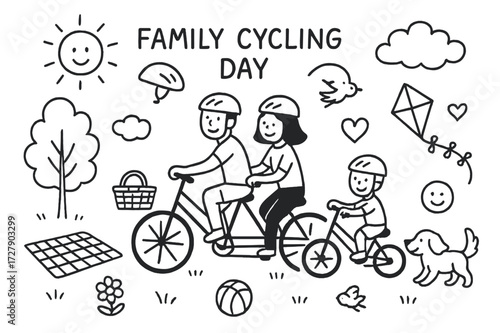 Family Cycling Doodles. Hand-drawn doodle illustration Family cycling day [tandem bike, child bike, helmet, sun, cloud, tree, picnic basket, blanket, ball,