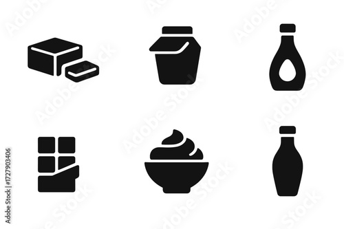 Black Cooking Icons. Solid, filled icon set of smooth cooking ingredients: butter, cream, sauce, chocolate, custard, caramel, yogurt, oil. Solid, filled icons