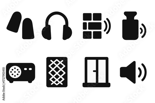 Noise Control Icons. Solid, filled icon set of noise control: earplugs, noise-canceling headphones, soundproof wall, muffler, white noise machine, acoustic