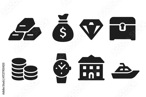 Wealth Symbol Icons. Solid, filled icon set of wealth symbols: gold bars, money bag, diamond, treasure chest, stack of coins, luxury watch, mansion, yacht.