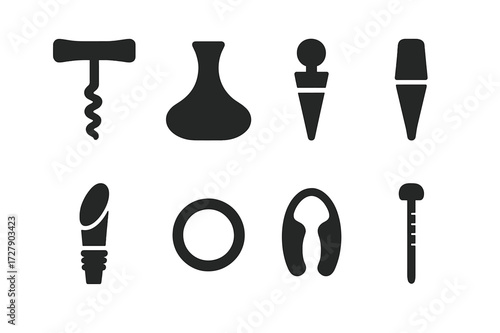 Wine Accessories Icons. Solid, filled icon set of wine rack accessories: wine opener, decanter, stopper, aerator, pourer, drip ring, foil cutter,