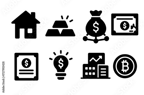 Investment Icons Grid. Solid, filled icon set of investment types: real estate house, gold bar, mutual fund, stock certificate, savings bond, startup funding,