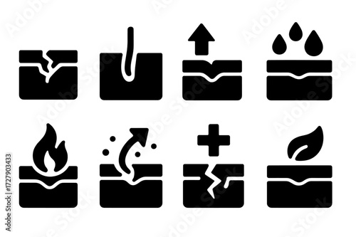 Skin Healing Icons. Solid, filled icon set of cracked skin healing process: new skin, scar formation, skin regeneration, hydration, reduced inflammation,