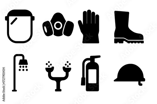 Acid Safety Gear Icons. Solid, filled icon set of acid safety gear: face shield, respirator mask, acid-resistant gloves, safety boots, emergency shower, eye