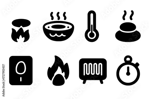 Hot Stone Icons. Solid, filled icon set of hot stone heating process: flame under stone, stones in hot water, temperature meter, steam lines, stone in heater,