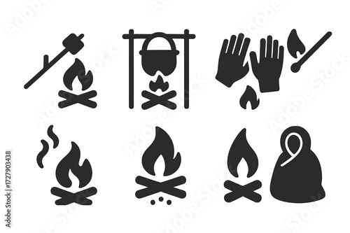 Hearth Fire Icons. Solid, filled icon set of hearth fire activities: roasting marshmallow, cooking stew, warming hands, lighting fire, smoke rising, ember