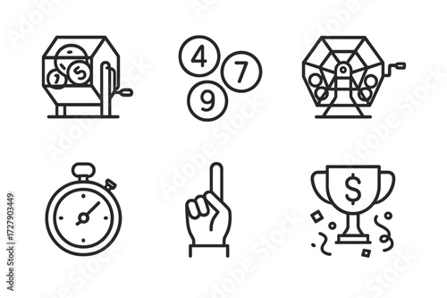 Lottery Icon Set. Outline icon set of lottery draw: lottery machine, numbered balls, draw drum, ticket, timer, winner hand, jackpot, confetti. Line icons in