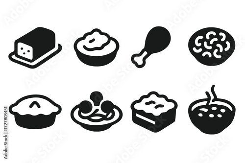 Comfort Food Icons. Solid, filled icon set of comfort food main dishes: meatloaf, mashed potatoes, fried chicken, macaroni and cheese, pot pie, meatball plate,