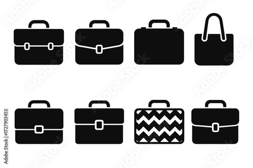 Briefcase Icon Grid. Solid, filled icon set of briefcase styles: classic leather, modern nylon, hard case, soft tote, minimalist design, executive style,