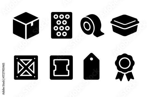 Packaging Durability Icons. Solid, filled icon set of durability in packaging: cardboard box, bubble wrap, tape roll, plastic container, wooden crate, foam