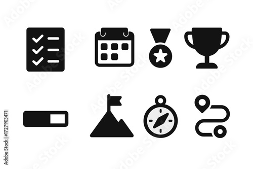 Goal Setting Icons. Solid, filled icon set of goal setting: checklist, calendar, medal, trophy, progress bar, flag on mountain, compass, roadmap. [Line icons