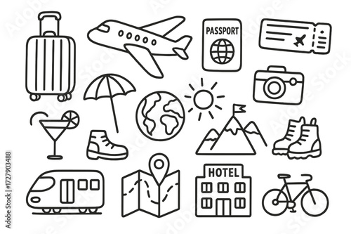 Travel Essentials Doodles. Hand-drawn doodle illustration Post-pandemic travel suitcase, airplane, passport, globe, boarding pass, beach umbrella, cocktail