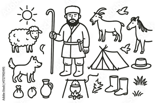 Steppe Shepherd Icons. Hand-drawn doodle illustration steppe shepherd sheep, goat, horse, dog, staff, bag, tent, campfire, cooking pot, hat, boots, sun, bird,