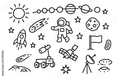 Solar System Doodle. Hand-drawn doodle illustration Solar system symbols sun, planets, orbit line, comet, asteroid, rocket, astronaut, rover, telescope,