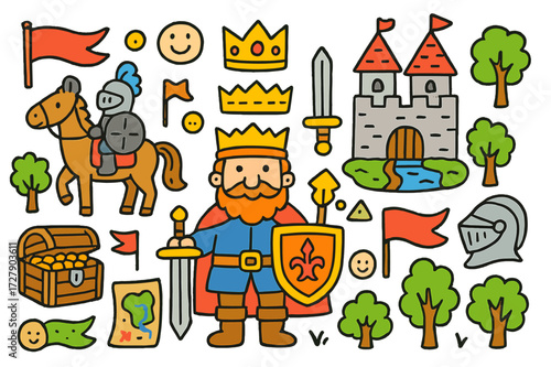 Feudal Fantasy Doodle. Feudal lord. Colorful Hand-drawn doodle Children illustration Castle, crown, shield, sword, knight, horse, banners, map, treasure chest,