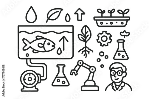 Aquaponics System Icons. Hand-drawn doodle illustration aquaponics system fish, tank, water droplet, leaf, plant tray, seedling, gear, pump, pipe, flask, test
