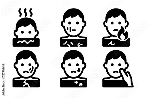 Windburn Skin Icons. Solid, filled icon set of windburn related skin issues: dryness, redness, irritation, inflammation, cracking, peeling, flaking, itching.