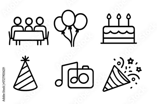 Family Celebration Icons. Outline icon set of family gathering: dinner table, balloons, cake, gift, party hat, music note, camera, confetti. Line icons in only