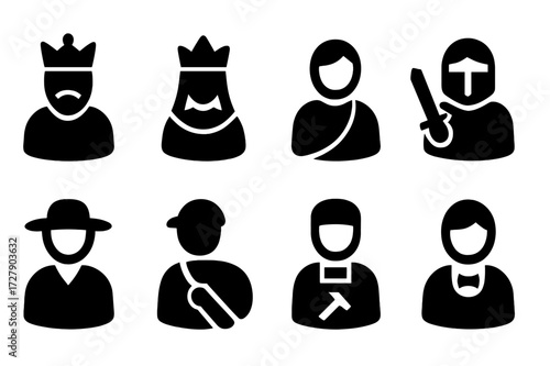 Social Hierarchy Icons. Solid, filled icon set of social hierarchy: king, queen, noble, knight, peasant, merchant, artisan, servant. Solid, filled icons in