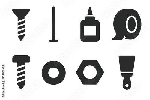 Repair Materials Icons. Solid, filled icon set of repair materials: screws, nails, glue, tape, bolts, washers, nuts, putty. Solid, filled icons in only black