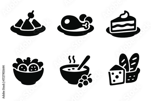 Dinner Course Icons. Solid, filled icon set of dinner course types: appetizer, main course, side dish, dessert, salad, soup, cheese plate, bread basket. Line