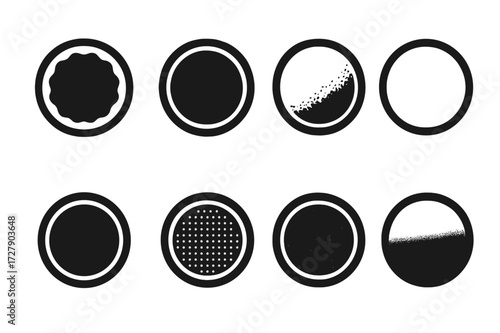 Drumhead Icons Grid. Solid, filled icon set of drum skin types: natural calfskin, synthetic mylar, coated drumhead, clear drumhead, black drumhead, mesh