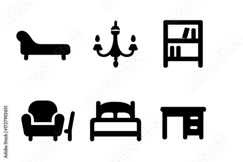 Penthouse Furniture Icons. Solid, filled icon set of penthouse furniture: chaise lounge, coffee table, chandelier, bookshelf, armchair, dining table, bed,