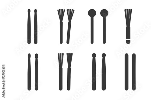 Drumstick Icon Grid. Solid, filled icon set of drumsticks types: wooden sticks, brushes, mallets, rods, nylon tips, drum brushes, double sticks, practice