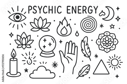 Psychic Symbols Doodle. Hand-drawn doodle illustration [Psychic energy] [eye, lotus flower, crystal ball, mandala, flame, chakra, aura, sun, moon, stars, hand,