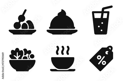 Restaurant Icon Set. Solid, filled icon set of restaurant menu items: appetizer, main course, dessert, beverage, salad, soup, side dish, special offer. Solid,