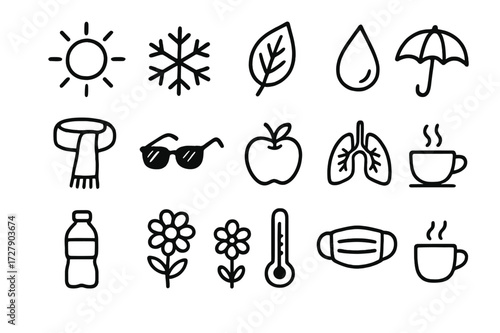 Seasonal Lifestyle Doodles. Hand-drawn doodle illustration adapting lifestyle to seasons sun, snowflake, leaf, raindrop, umbrella, scarf, sunglasses, apple,