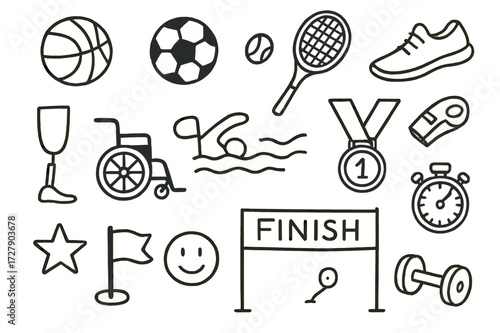 Inclusive Sports Doodle. Hand-drawn doodle illustration inclusive sports basketball, football, tennis racket, running shoe, wheelchair, prosthetic leg,