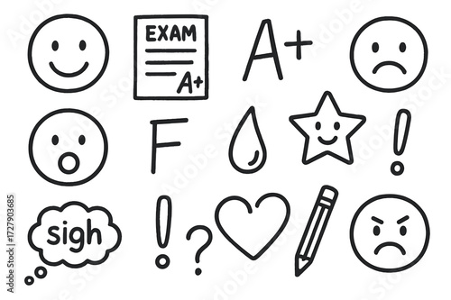 Student Grade Reactions. Hand-drawn doodle illustration student reaction to grades happy face, sad face, shocked emoji, exam sheet, grade A+, grade F, tear