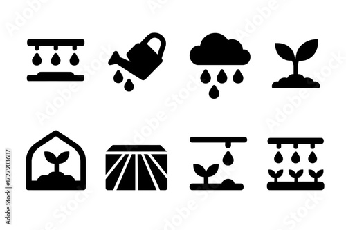 Agriculture Icon Set. Solid, filled icon set of moisture in agriculture: irrigation system, watering can, raincloud, soil, sprout, greenhouse, crop field, drip