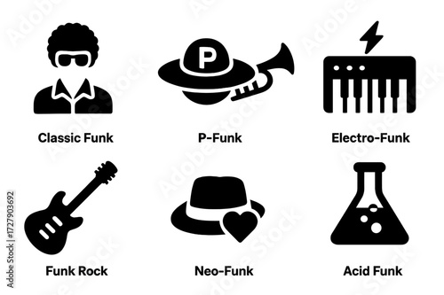 Funk Style Icons. Solid, filled icon set of funk styles: classic funk, P-Funk, jazz-funk, electro-funk, funk rock, neo-funk, funk soul, acid funk. Solid,