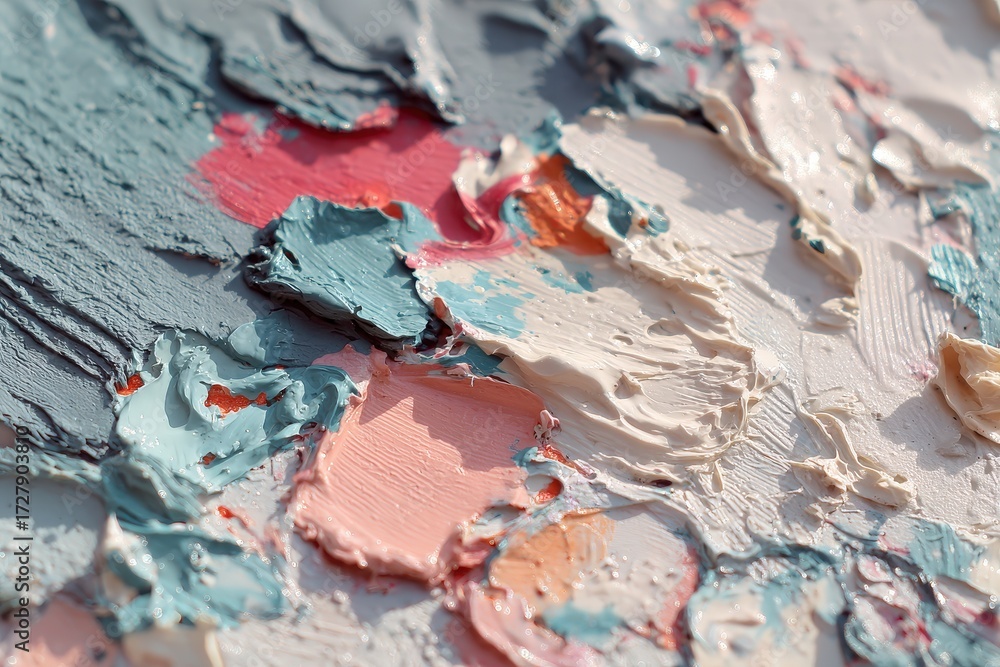Naklejka premium Close-up view of an abstract painting, showcasing thick layers of paint in various pastel colors, including blues, pinks, and creams.