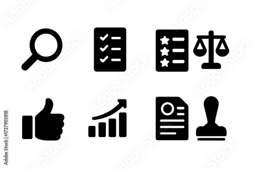 Bid Evaluation Icons. Solid, filled icon set of bid evaluation: magnifying glass, checklist, scorecard, balance scale, thumbs up, graph, report, approval