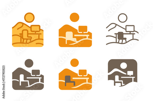 Remote Work Logos. Remote work in extreme environments. Set Logo of remote work in extreme environments: Desk in desert icon. harmonious logo variations of the