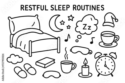 Restful Sleep Doodles. Hand-drawn doodle illustration Restful sleep routines [bed, pillow, blanket, nightcap, moon, stars, alarm clock, candle, book, slippers,